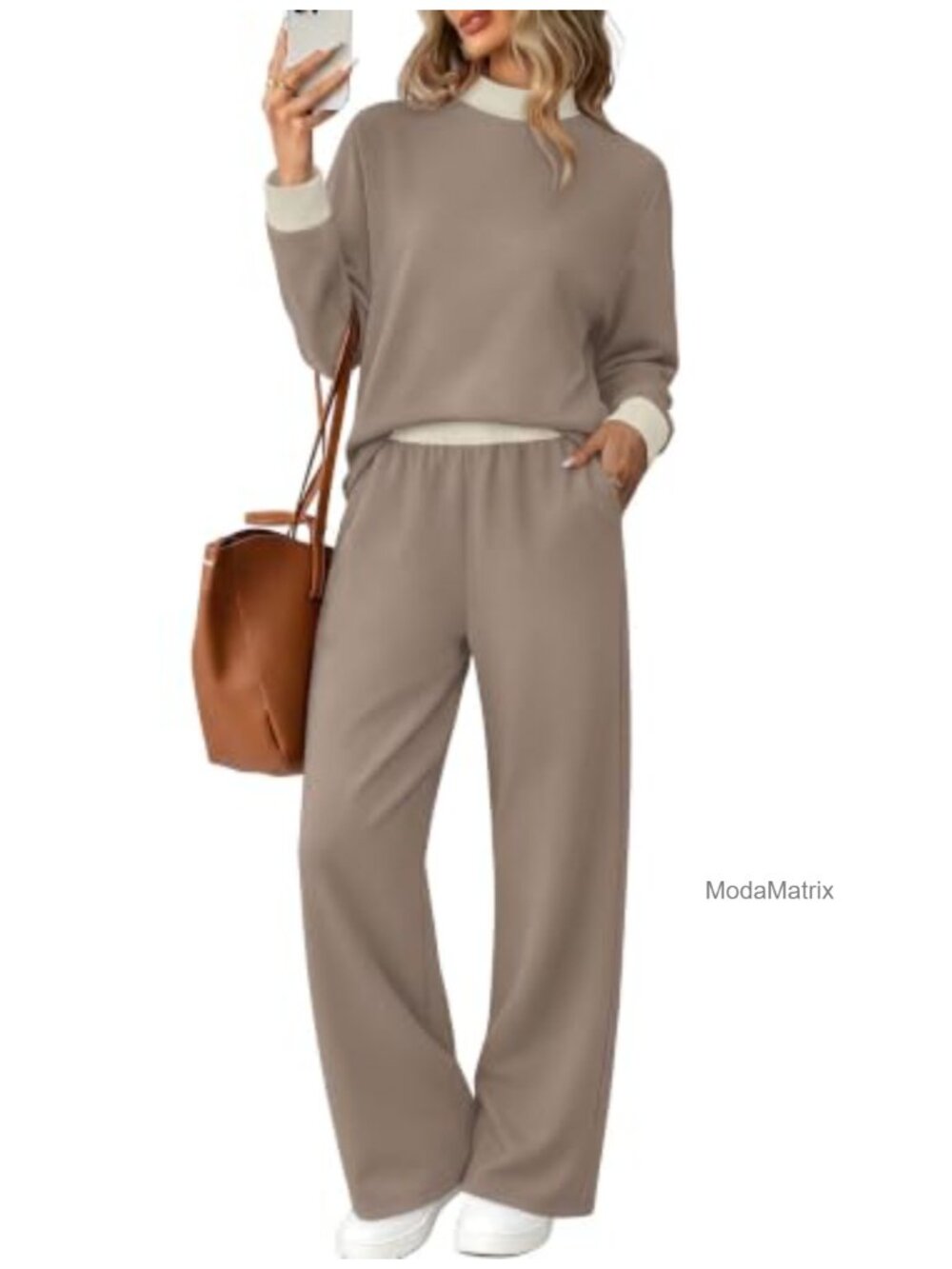Women's 2 Piece Lounge Set Mock Neck Long Sleeve Wide Leg Pants